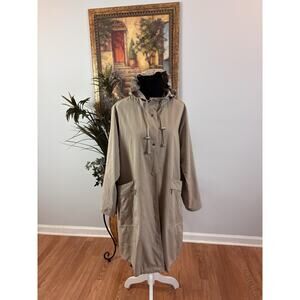Sue Brett Woman Trench Hooded Coat Beige Size 14W Zipper Pocket Long Sleeve Open